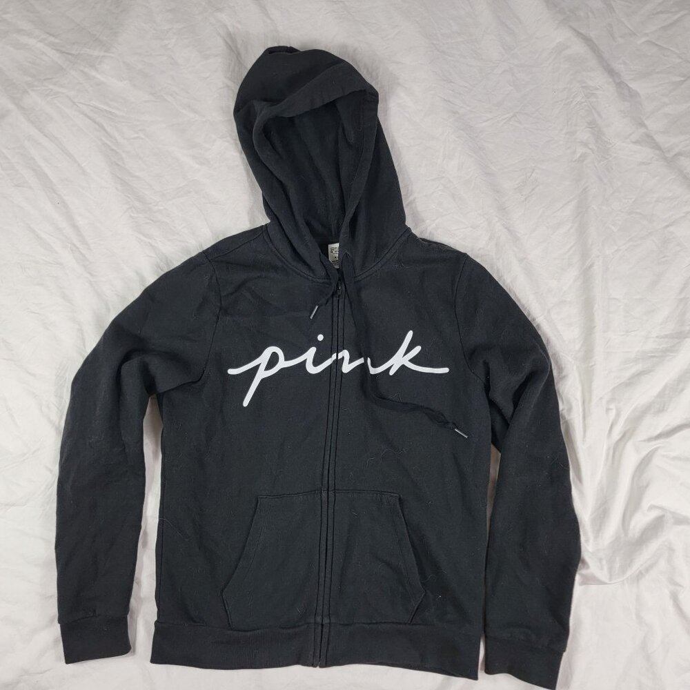 Pink By Victorias Secret Womens Medium Black Full Zip Hoodie Casual Winter Warm